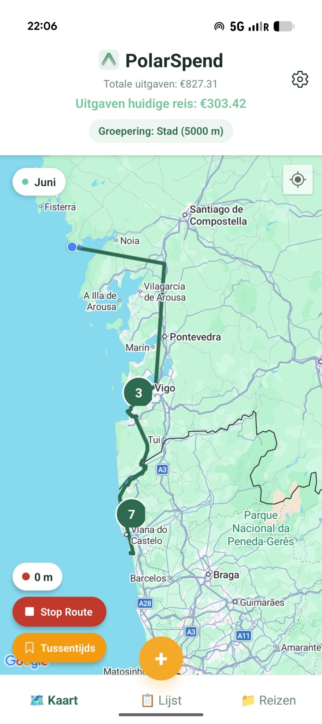 PolarSpend app — trip route on the map